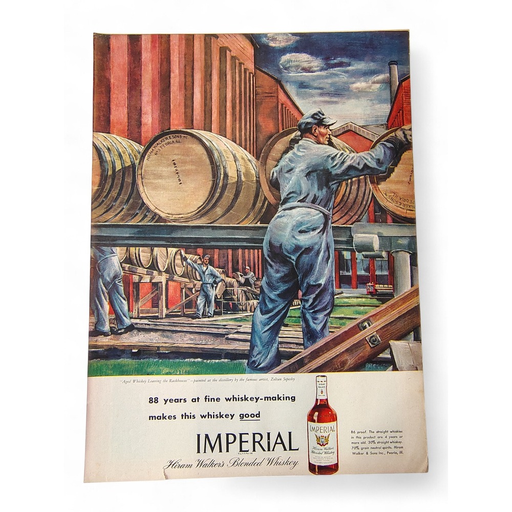 1946 Imperial Whiskey Print Ad Zolan Sepahy Barrel Rackhouse Art Vintage 40s MCM